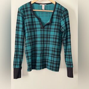 Victoria’s Secret Plaid Waffle Knit Thermal Top Teal Black Size M